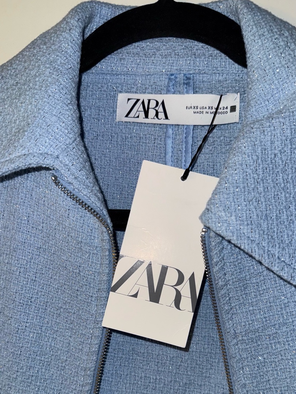 ZARA Light Blue Tweed Zip-Front Jacket